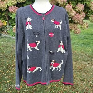Talbots Dog Cardigan Sweater Vintage Grannycore Y2K Gray Red Ramie Full Zip XL